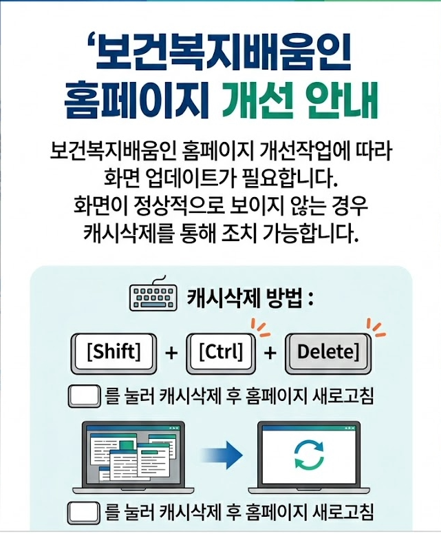 보건복지배움인 홈페이지 개선작어베 따라 화면 업데이트가 필요합니다. 화면이 정상적으로 보이지 않는 경우 캐시삭제를 통해 조치 가능합니다.