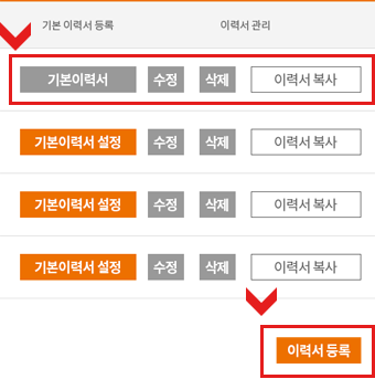 이력서를 등록하는 절차를 안내하는 모바일용 이미지로 자세한 내용은 컨텐츠의 설명을 참조