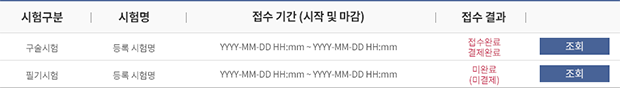 조회 버튼을 클릭하여 응시원서 접수 결과를 확인합니다.